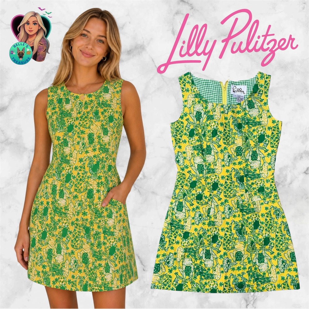 VINTAGE Lilly Pulitzer Women's 4 Frog Clover Shift Dress Yellow Green Pocket 90s